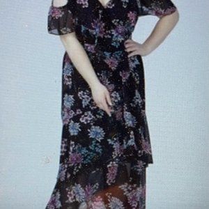 Lane Bryant Floral Ruffle Cold Shoulder Dress 16 Asymmetric Wrap Maxi NWT (CLO)
